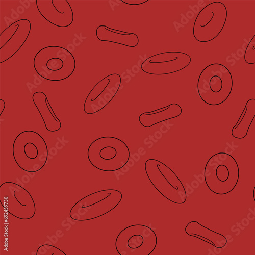 Vector flat blood cell seamless pattern illustration. Streaming outline erythrocytes on red background.