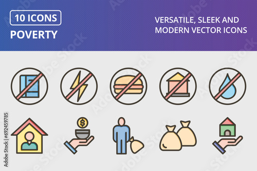 Poverty Thick Line Filled Colors Icons Set