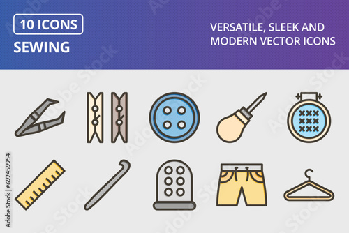 Sewing Thick Line Filled Colors Icons Set