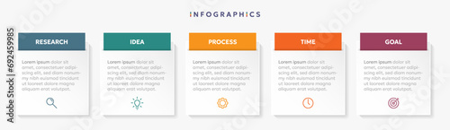 Modern business infographic template, square shape with 5 options or steps icons