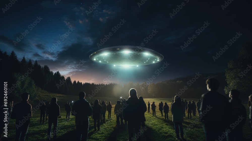 Fototapeta premium Night photo of UFO alien spaceship at night. Several people are fascinated looking at the UFO. Contact with extraterrestrial civilizations