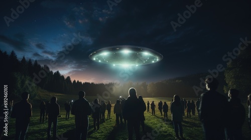 Night photo of UFO alien spaceship at night. Several people are fascinated looking at the UFO. Contact with extraterrestrial civilizations photo