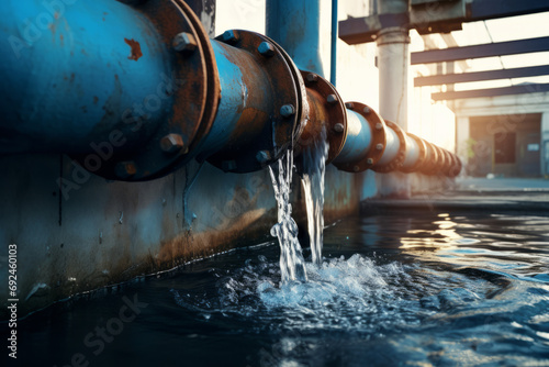 Water flowing from the pipes of an oil and gas power plant in the evening, water mains failure 