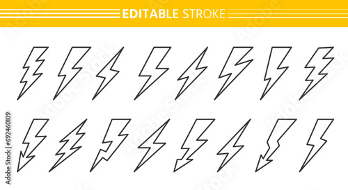 Lightning black line icon set. Editable stroke power charge sign. Thunder bolt electric linear symbol. Powerful electrical discharge hitting. Thunderbolt flash pictogram. Danger zigzag arrow concept