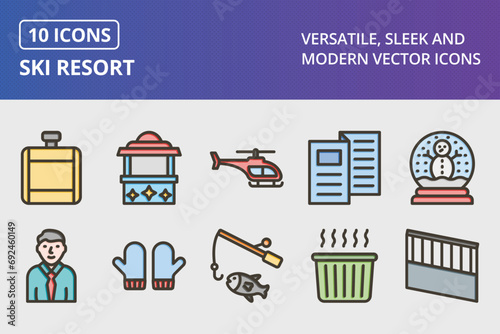 Ski Resort Thick Line Filled Colors Icons Set