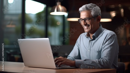 Smiling busy older professional business man working on laptop sitting at desk. Older mature Indian businessman, happy male executive manager typing on computer using pc technology in office