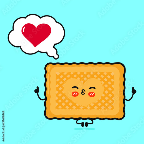 Cookies doing yoga with speech bubble. Vector hand drawn cartoon kawaii character illustration icon. Isolated on blue background. Cookies in love character concept