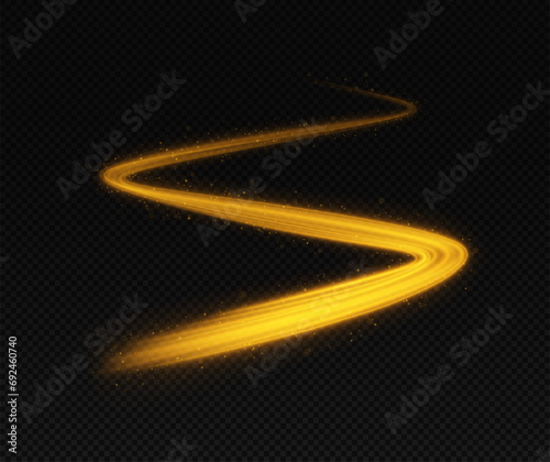 Golden wave with sparkle bokeh. Luxury dynamic sparkles and motion lines decoration elements in golden shiny color. Bright swirl glitter on transparent black background.