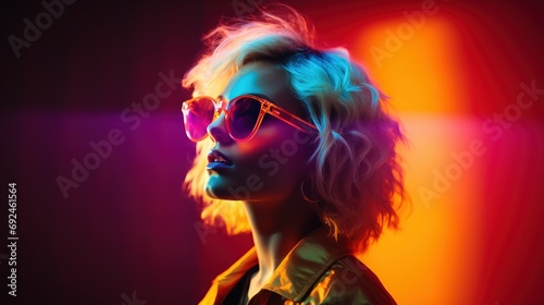 Studio shot portrait of cool blonde woman in colorful neon lighting