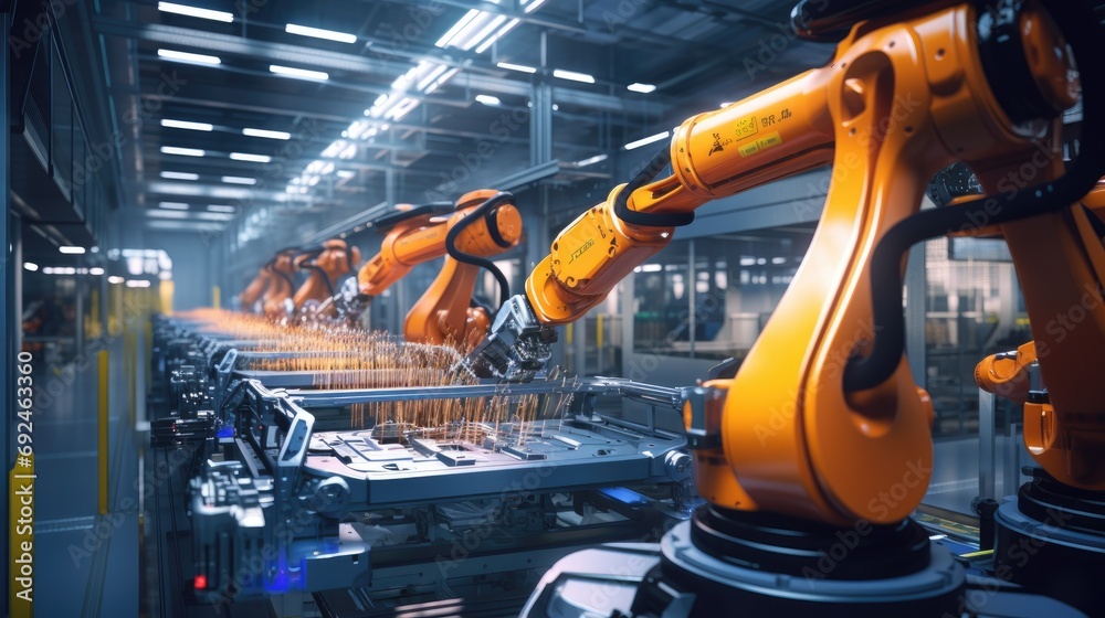 Automated robot arm assembly line manufacturing high tech green energy electric vehicles. Automatic construction, building, welding industrial production conveyor. Cars on production line in factory Automated robot arm assembly line manufacturing high tech green energy electric vehicles. Automatic construction, building, welding industrial production conveyor. Cars on production line in factory