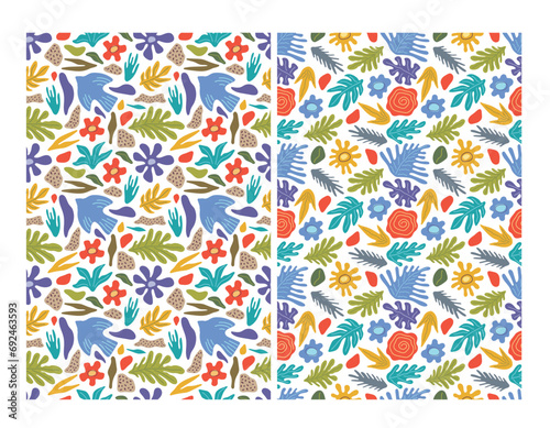 Set of abstract spring patterns. Flowers birds leaves on a white background. Beautiful patterns for wallpaper textiles holiday cards and wrapping paper