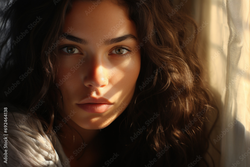 portrait of a Latina woman at the window with beautiful light highlights, long hair, expressive eyes - obrazy, fototapety, plakaty 