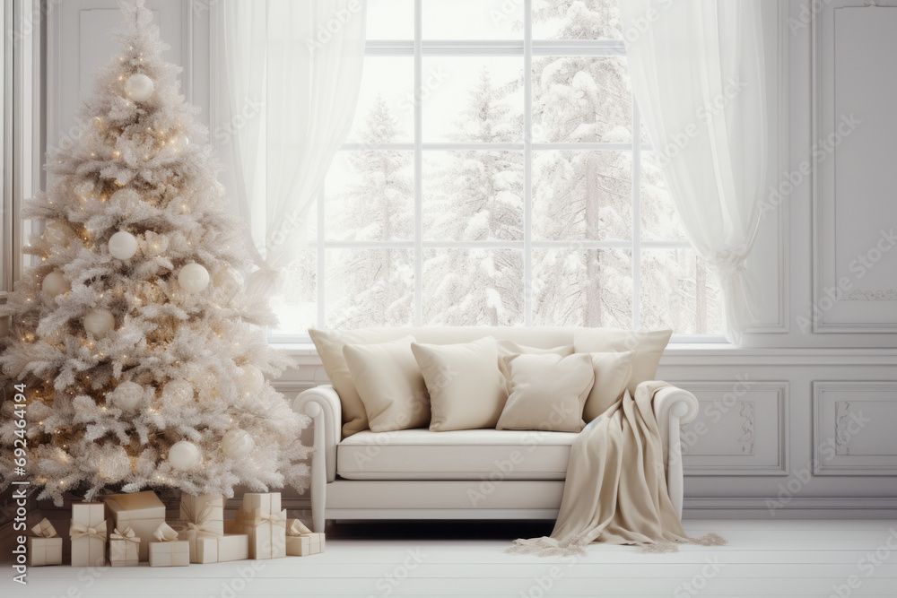 New Year's cozy interior in white tones: Christmas tree, presents, sofa with cushions, large window with a view of snow-covered trees