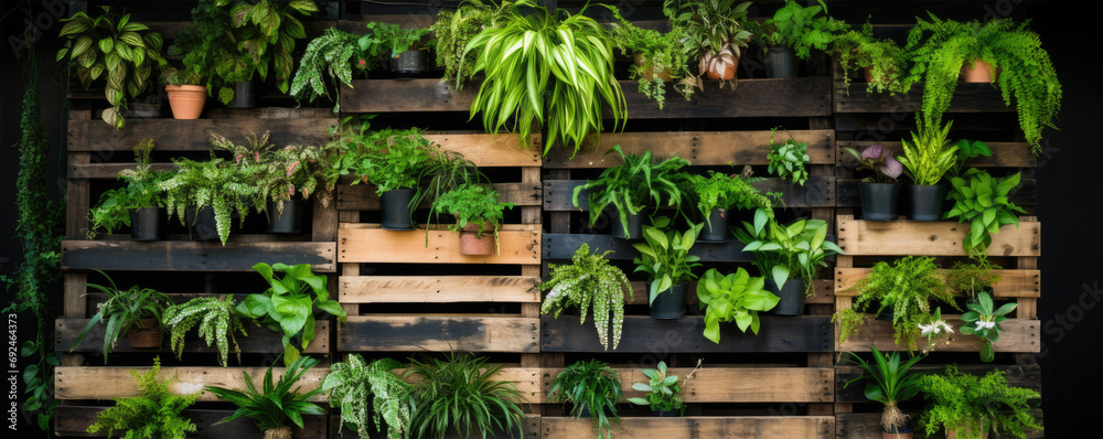 Old pallets with hanging green plants, Old pallets with hanging green plants,