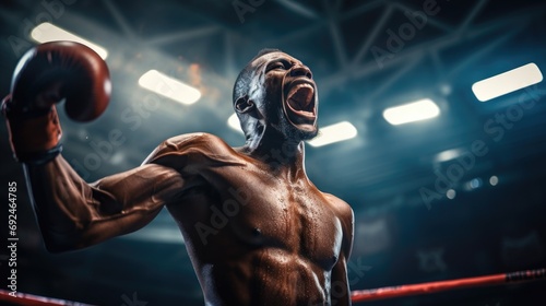 Closeup portrait of a boxer after winning a fight. African boxer rejoices in victory with his hands up