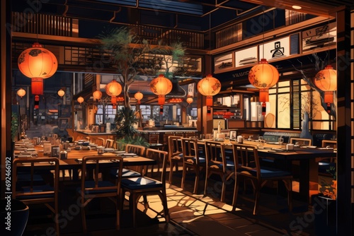 Fancy Asian Restaurant Interior Design Illustration of Oriental Eatery with Japanese and Chinese Influences in Tokyo photo