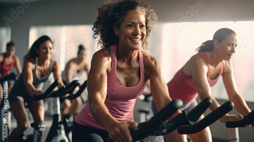 Group of women of different ages and races during cycling workout. Group fitness classes on exercise bikes. Workouts for any age. Be healthy in any age. Photo against a bright, gym studio background photo
