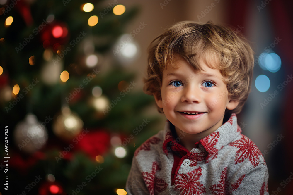 Generative AI happy child decorated christmas tree christmas gifts festive indoor living room magic Generative AI happy child decorated christmas tree christmas gifts festive indoor living room magic