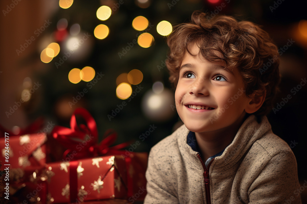 Generative AI happy child decorated christmas tree christmas gifts festive indoor living room magic Generative AI happy child decorated christmas tree christmas gifts festive indoor living room magic