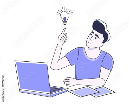 Idea. A guy comes up with a new project using his laptop. Notes on the paper. Creative work. Reflecting in solitude. Freelancing. Education. Hobbies. Entertainment. Simple style. White background.
