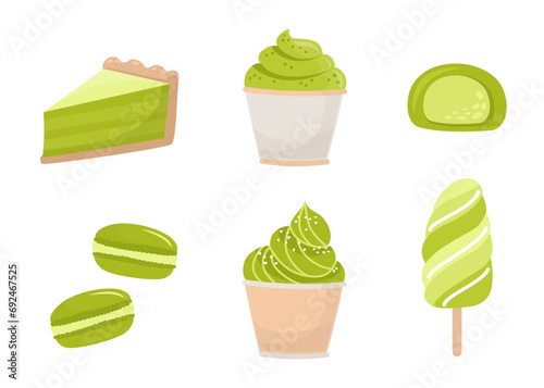 Matcha tea dessert. Set of matcha ice cream, macaron, mochi in flat style. 
