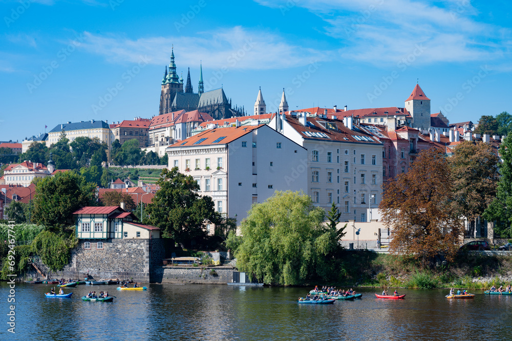 Prague, Czech Republic - September 28, 2023 - View of Charles Bridge, old town, Vltava River during Prague National Day. Prague, Czech Republic - September 28, 2023 - View of Charles Bridge, old town, Vltava River during Prague National Day.