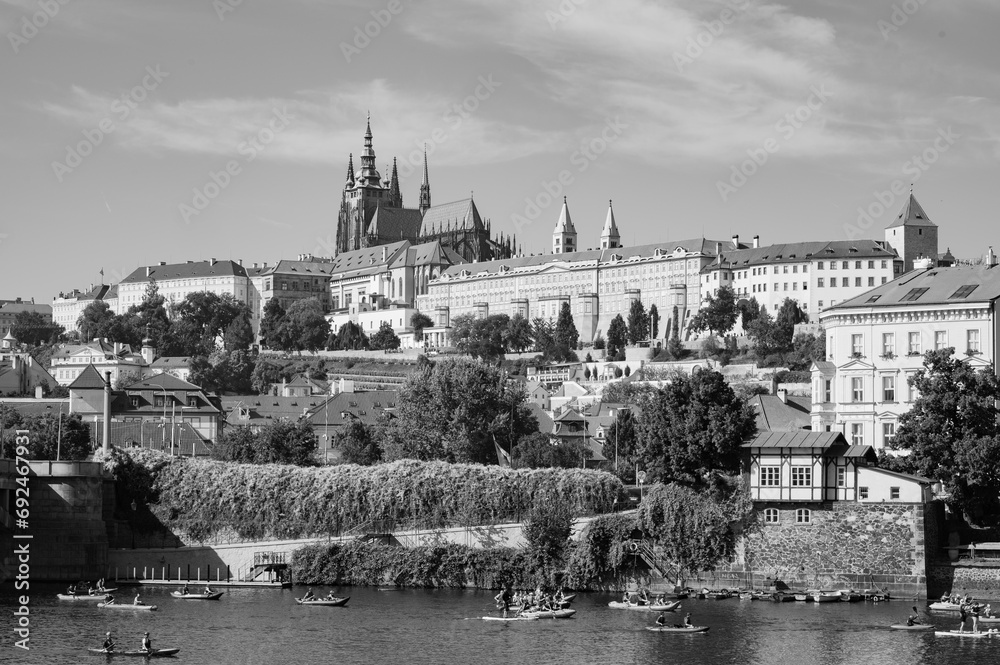 Fototapeta premium Prague, Czech Republic - September 28, 2023 - View of Charles Bridge, old town, Vltava River during Prague National Day.