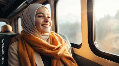 Journey alone with yourself and your thoughts. A young muslim woman rides a train, smiling thoughtfully, looking out the window. Digital detox and offline concept