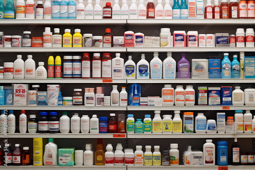 Image of of various pharmaceutical bottles on pharmacy shelves generative AI