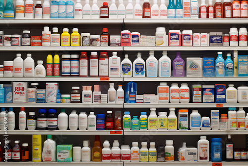 Image of of various pharmaceutical bottles on pharmacy shelves generative AI photo