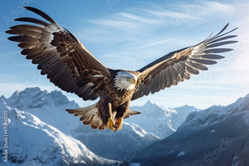 A close-up of a bald eagle in flight, with outstretched wings, against a backdrop of snow-covered mountain peaks and a soft glowing sunrise