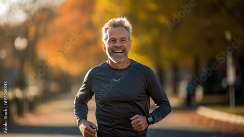 Keeping fit in your 50s. Smiling middle aged man during a running workout in the autumn park. Jogging in the autumn park