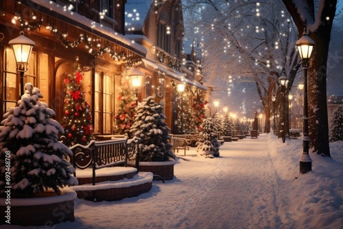 A charming winter street adorned with Christmas trees and festive lights, all covered in a blanket of evening snowfall © ChaoticMind
