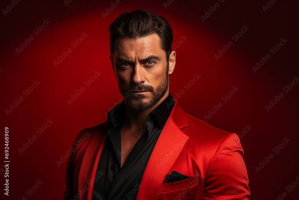 Generative AI photography magazine edition of attractive man popular star isolated on red background Generative AI photography magazine edition of attractive man popular star isolated on red background