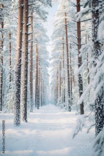 Tall pine trees stand covered in snow, with the early morning light casting a soft glow over the tranquil forest landscape