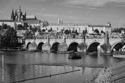 Prague, Czech Republic - September 28, 2023 - View of Charles Bridge and Prague Old Town.