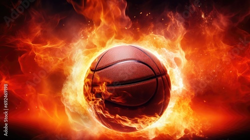 Basketball ball in flame of fire, in the style of photo-realistic landscapes photorealistic pastiche, eye-catching © BOMB8