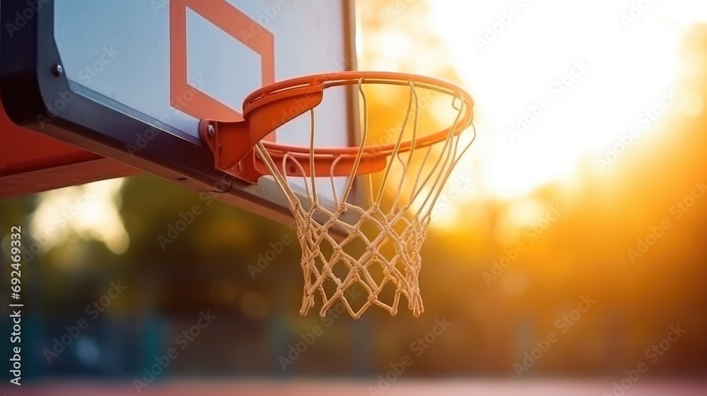 A close-up shot of a basketball hoop with a basketball just about to go through the net, with copy space