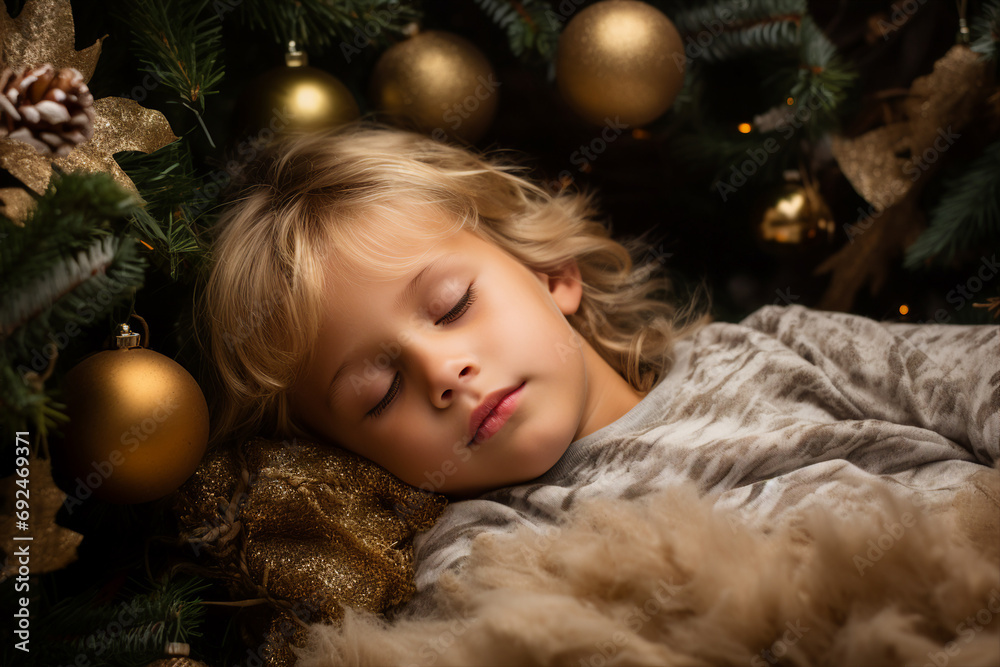 AI generated picture of happy child sleeping in cozy festive christmas atmosphere AI generated picture of happy child sleeping in cozy festive christmas atmosphere