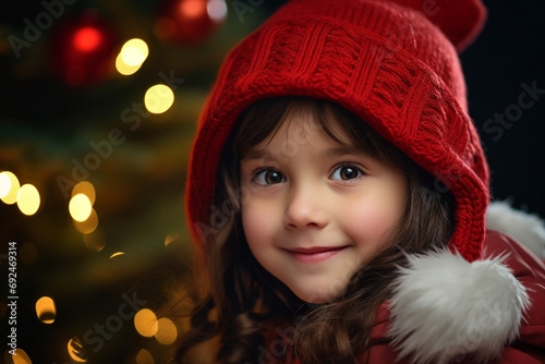Generative AI photography of adorable charming girl winter magic atmosphere on bokeh lights background