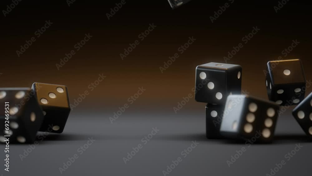 A bunch of thrown dices rolling on the table against dark background.