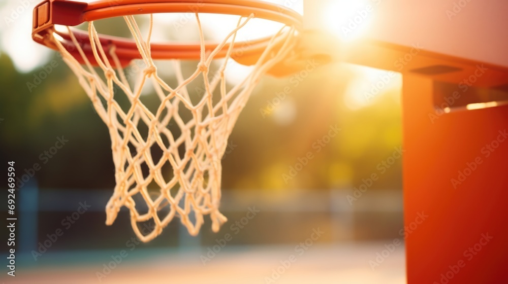 A close-up shot of a basketball hoop with a basketball just about to go through the net, with copy space