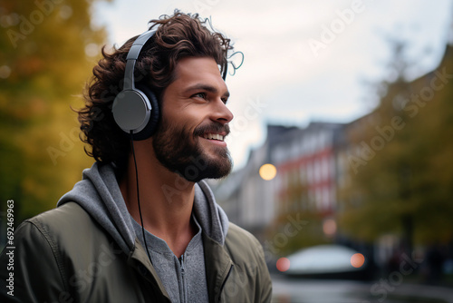 Generative AI picture of cheerful positive happy person walking city street and listening to music