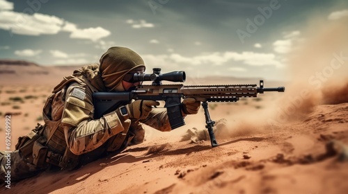 Military sniper in the desert. Sniper mercenary with a rifle aims at the enemy photo