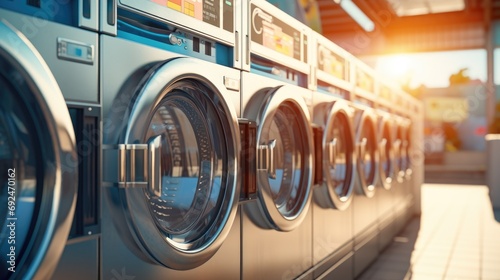 Multiple Industrial washing machines in laundry shop, washing with hot and cold water keeps clothes clean and trendy. A row of industrial washing machines in a public laundromat photo