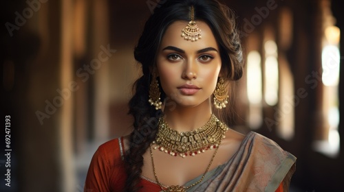 Portrait of a young Hindu woman. Beautiful young woman in a traditional Hindu dress and jewelry looking at camera