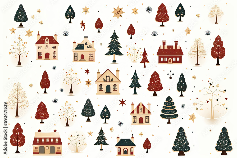 Christmas icons on white background. Decor for background, wrapping paper.