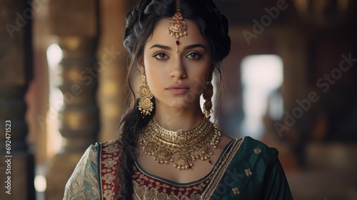 Portrait of a young Hindu woman. Beautiful young woman in a traditional Hindu dress and jewelry looking at camera