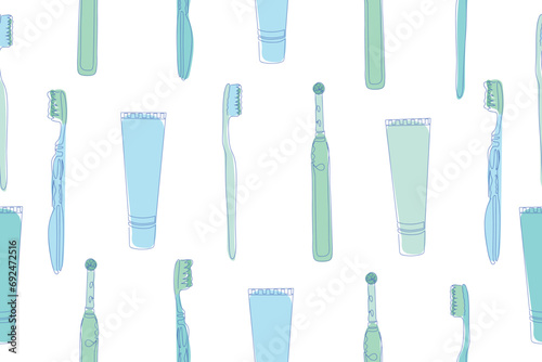 Seamless pattern of toothbrushes and toothpaste. Vector. Vector illustration