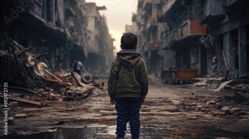 Stop the war. Back view of a little boy in dirty clothes stands in the middle of a bombed out street and looking at ruined city photo